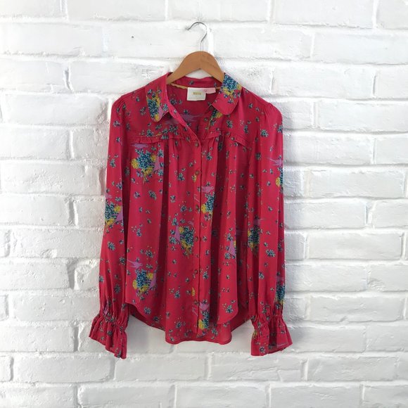 Anthropologie Maeve Top Blouse Red Bird Flower Long Sleeve Ruffle Sleeve 10 L
